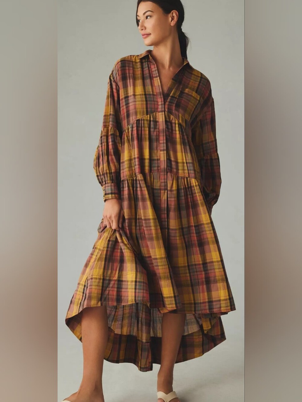 Anthropolgie Pilcro Plaid Tiered Midi Dress - Yellow & Brown